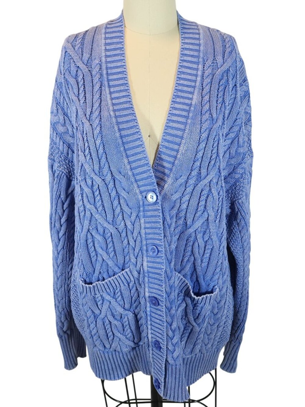 J CREW Cable Knit Blue Wash Fisherman Cardigan Sweater Size L Cotton Chunky